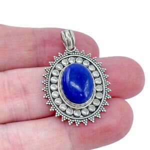 Estate Sterling Silver 925 Bead Work Lapis Lazuli Pendant